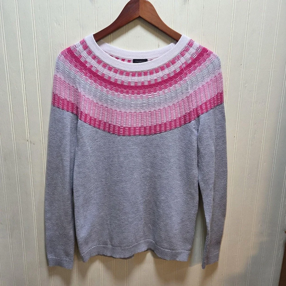 Talbots Sweater Womens XS Gray Pink Striped Crew Neck Long Sleeve Knit Pullover - Picture 2 of 8
